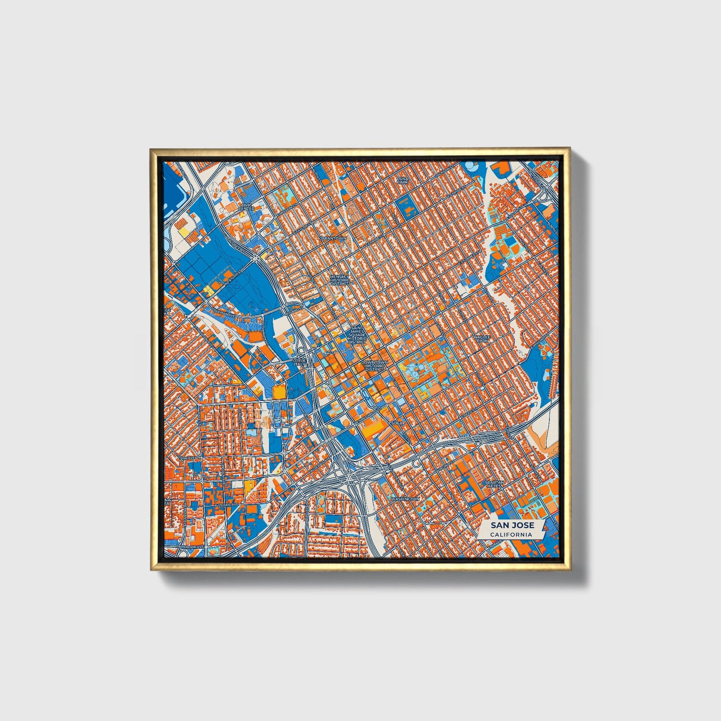 San Jose California Colorful City Map Canvas Print • Gold Framed