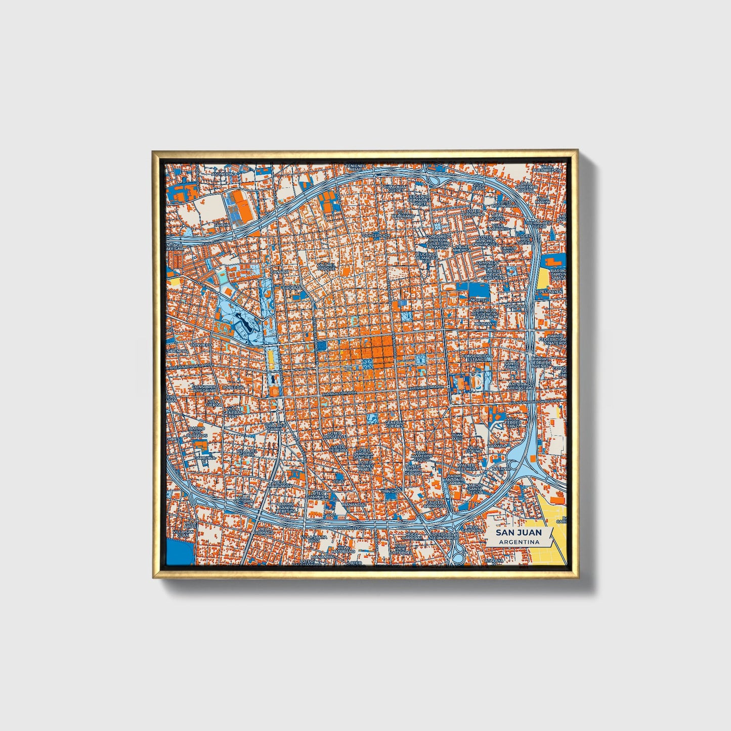 San Juan Argentina Colorful City Map Canvas Print • Gold Framed