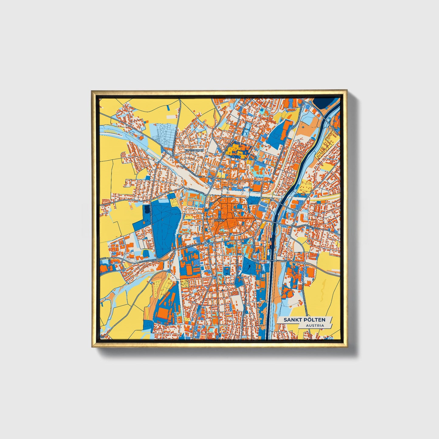 Sankt Pölten Austria Colorful City Map Canvas Print • Gold Framed