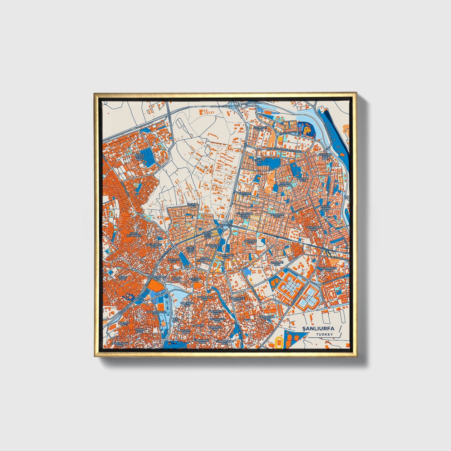 Şanliurfa Turkey Colorful City Map Canvas Print • Gold Framed