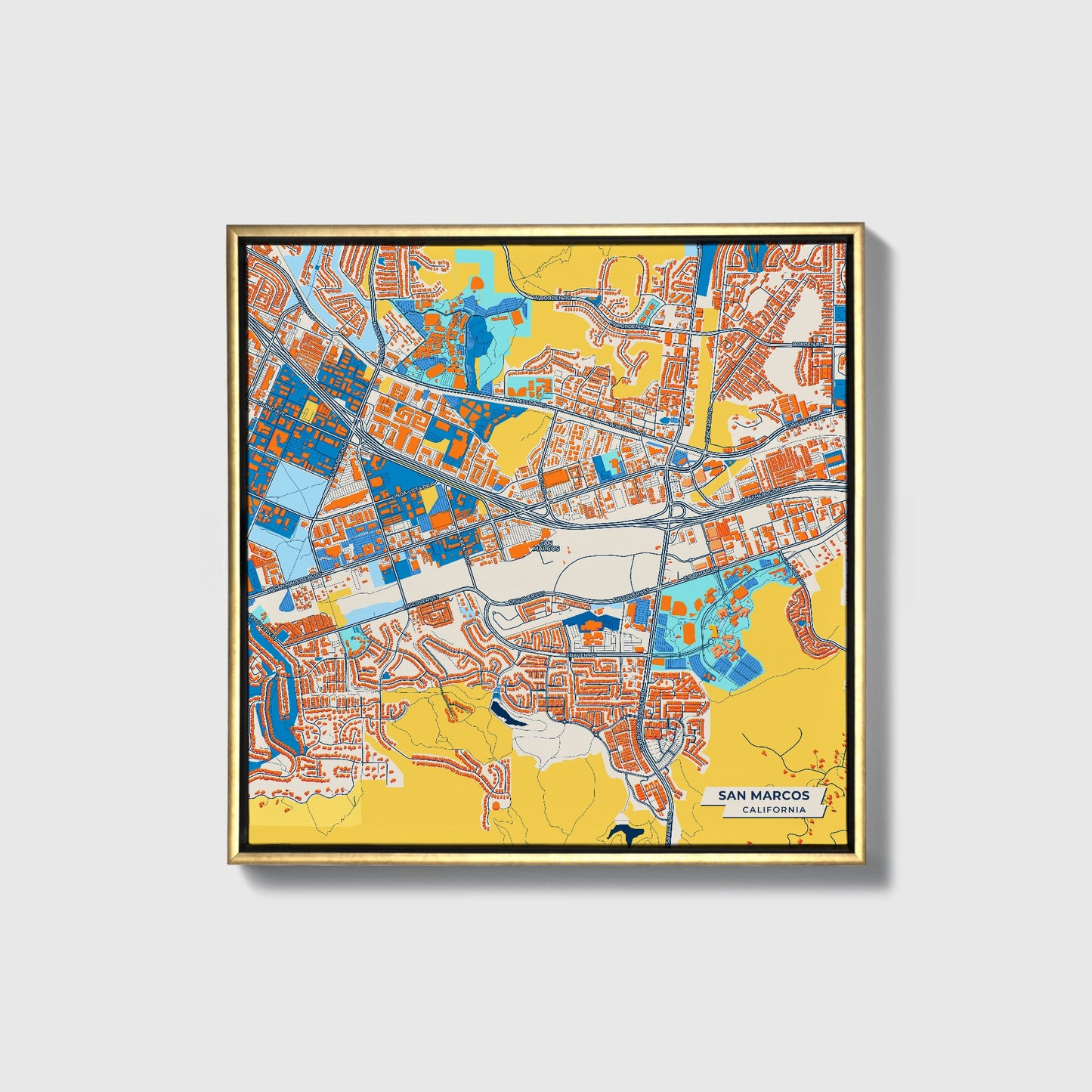 San Marcos California Colorful City Map Canvas Print • Gold Framed