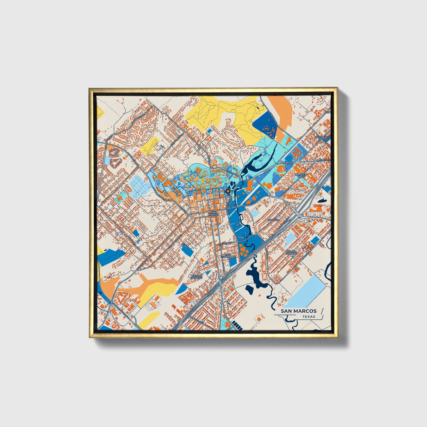 San Marcos Texas Colorful City Map Canvas Print • Gold Framed