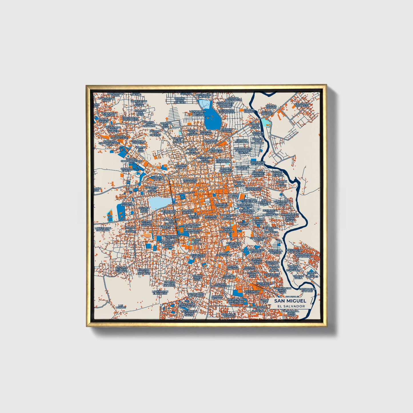 San Miguel El Salvador Colorful City Map Canvas Print • Gold Framed