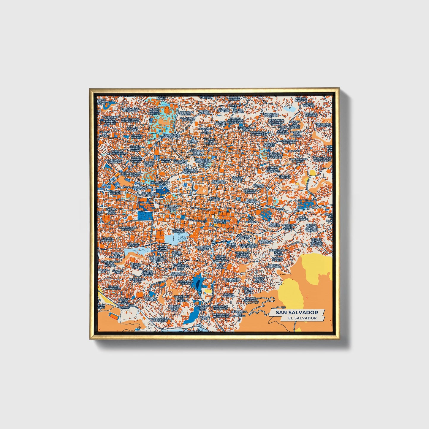 San Salvador El Salvador Colorful City Map Canvas Print • Gold Framed