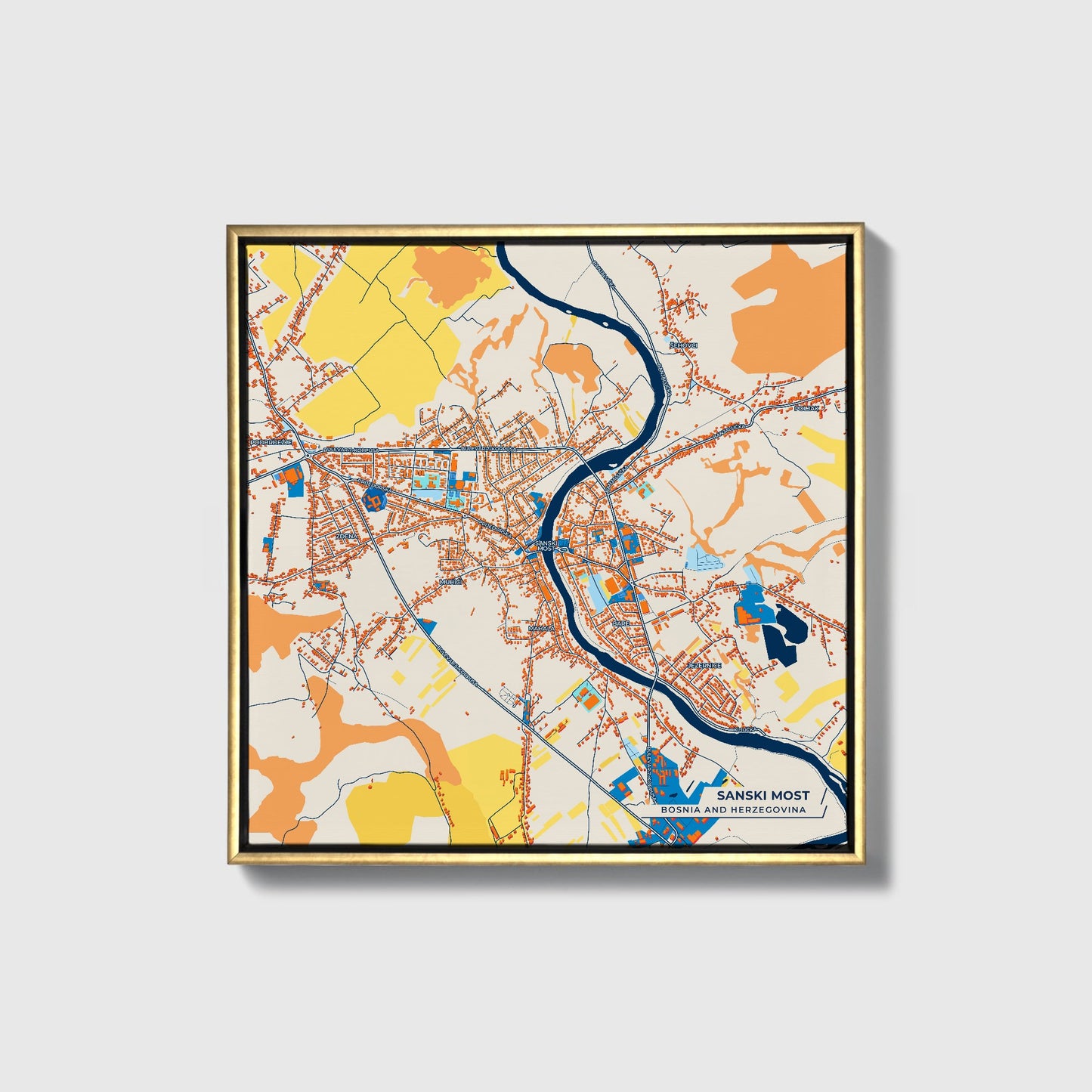 Sanski Most Bosnia And Herzegovina Colorful City Map Canvas Print • Gold Framed