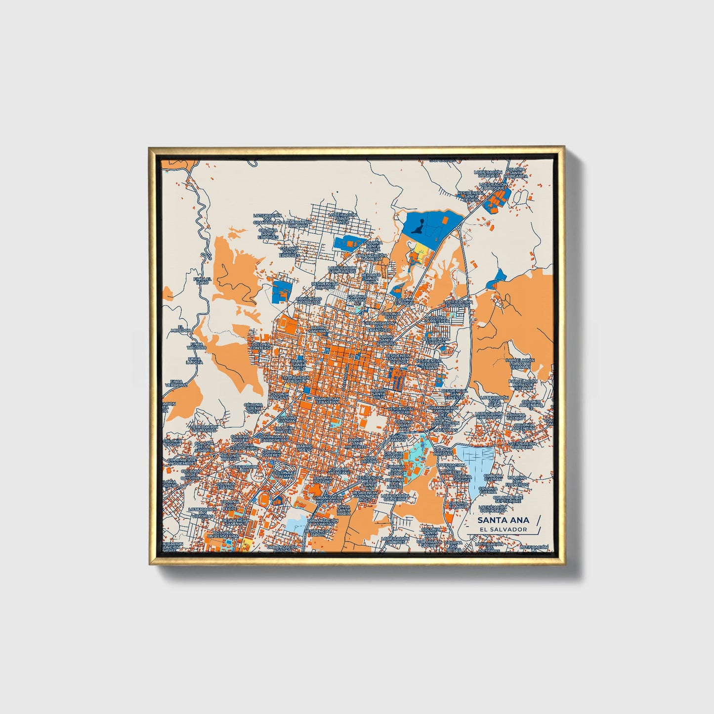 Santa Ana El Salvador Colorful City Map Canvas Print • Gold Framed