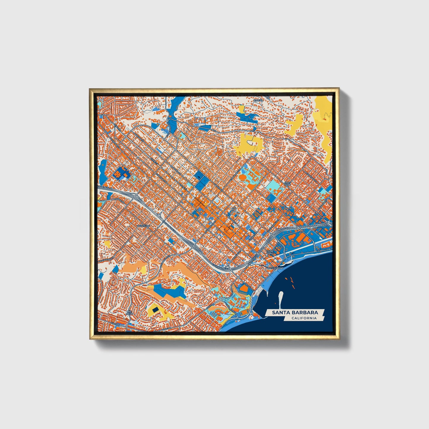 Santa Barbara California Colorful City Map Canvas Print • Gold Framed