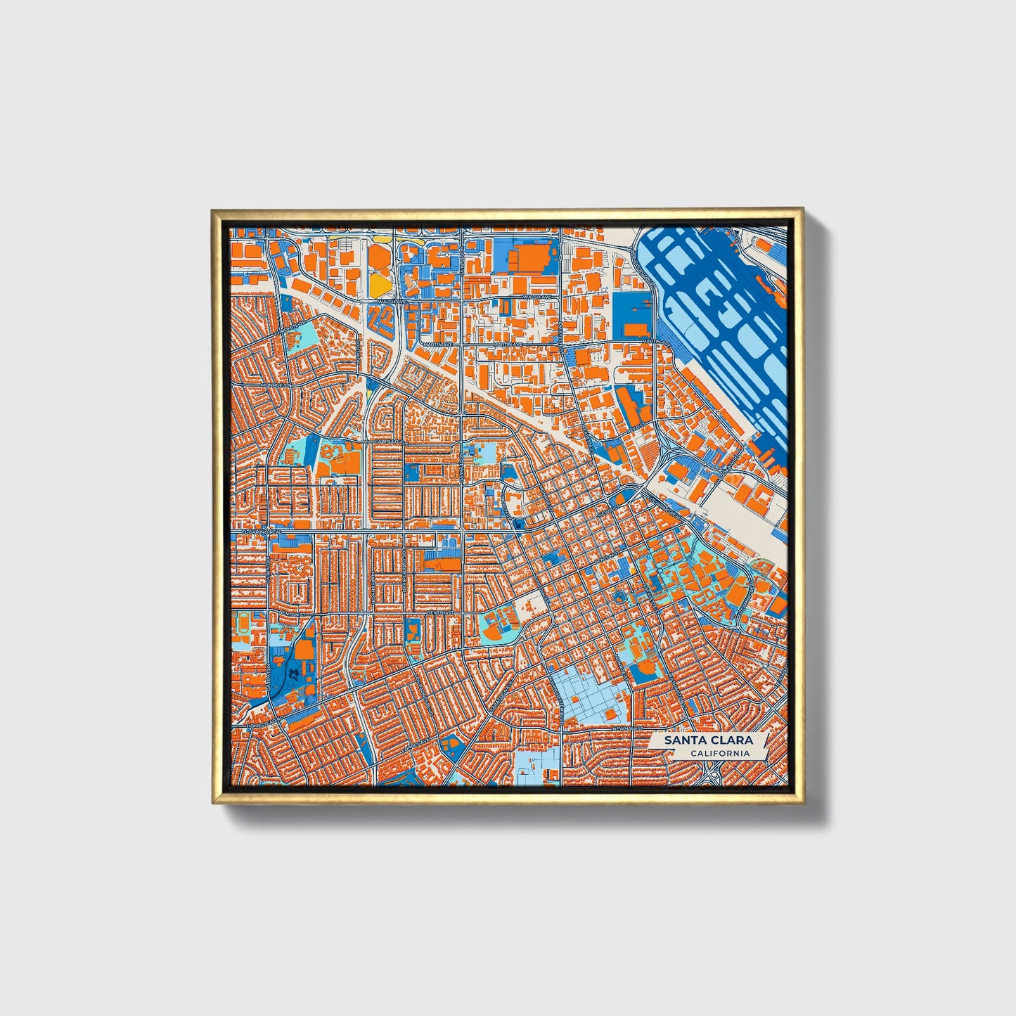 Santa Clara California Colorful City Map Canvas Print • Gold Framed