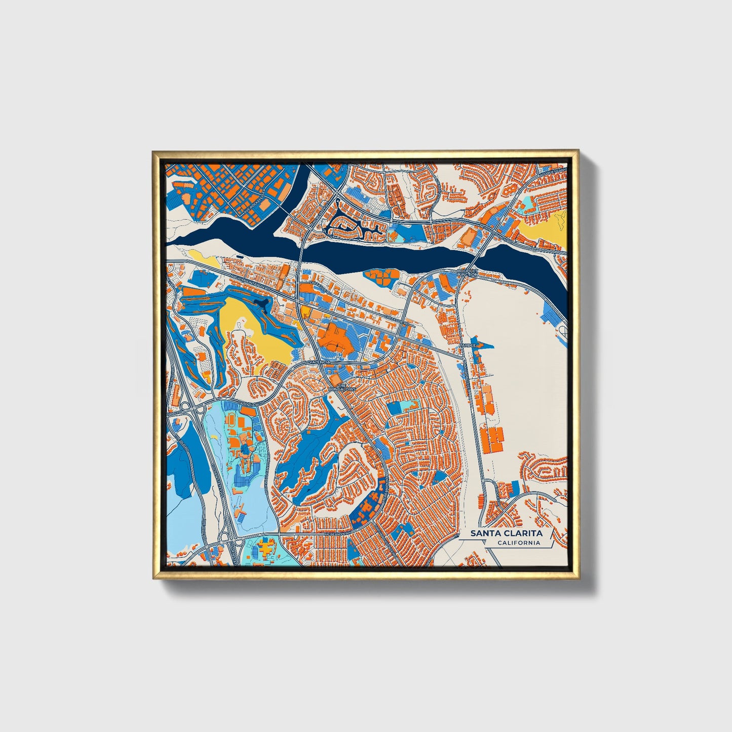 Santa Clarita California Colorful City Map Canvas Print • Gold Framed