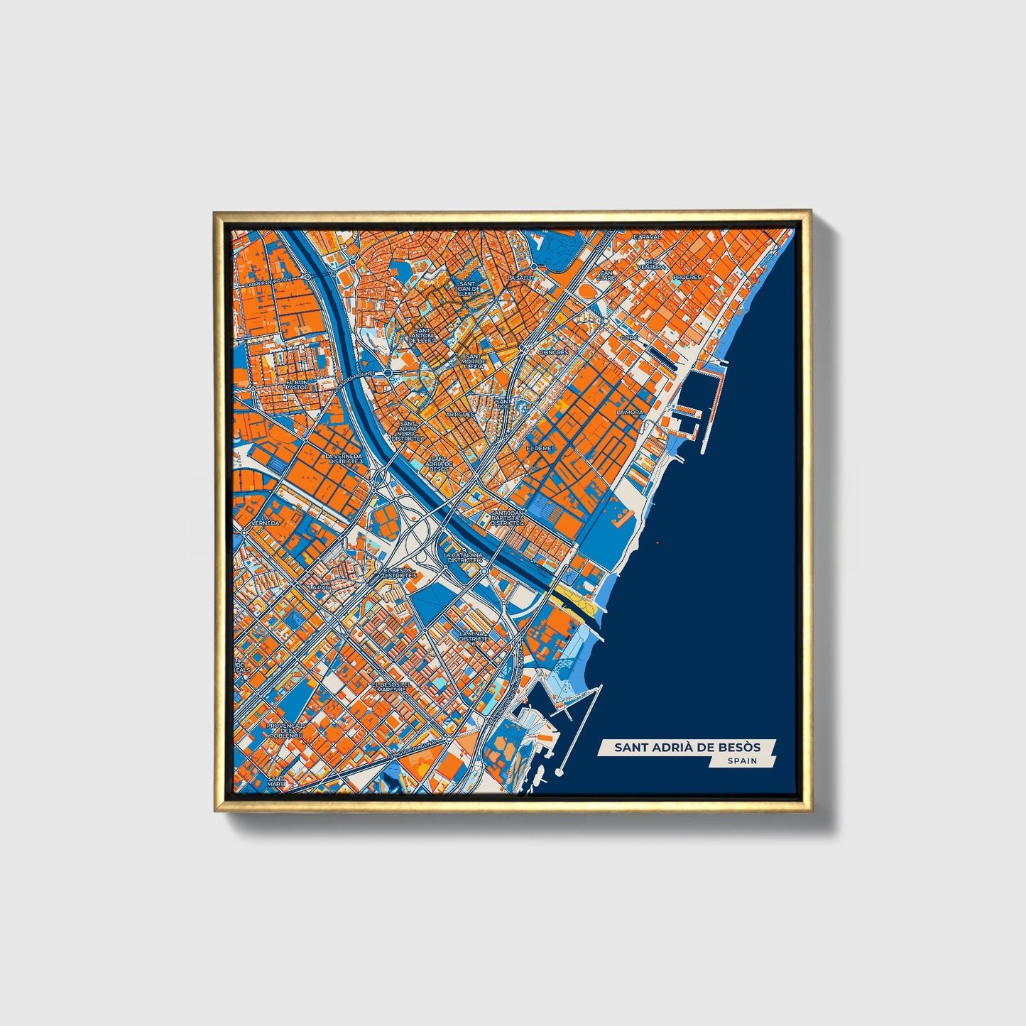 Sant Adrià De Besòs Spain Colorful City Map Canvas Print • Gold Framed