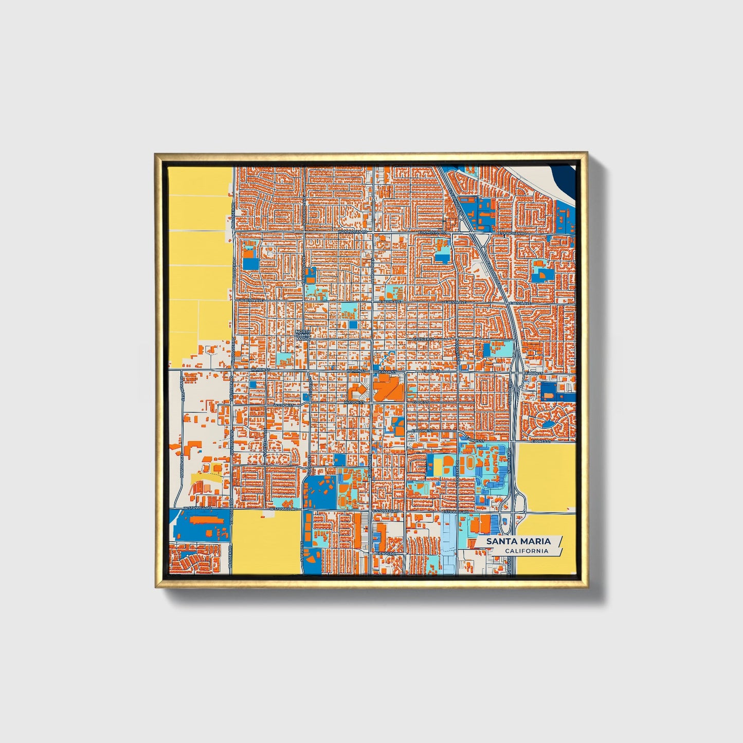 Santa Maria California Colorful City Map Canvas Print • Gold Framed