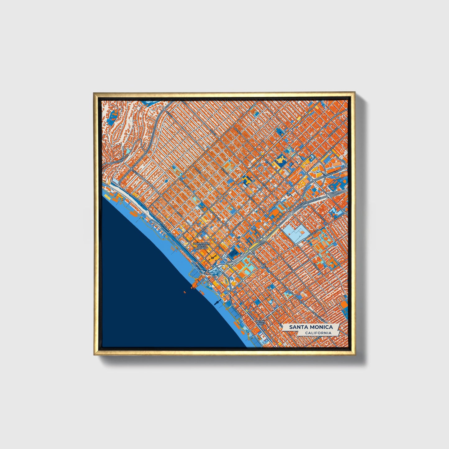 Santa Monica California Colorful City Map Canvas Print • Gold Framed