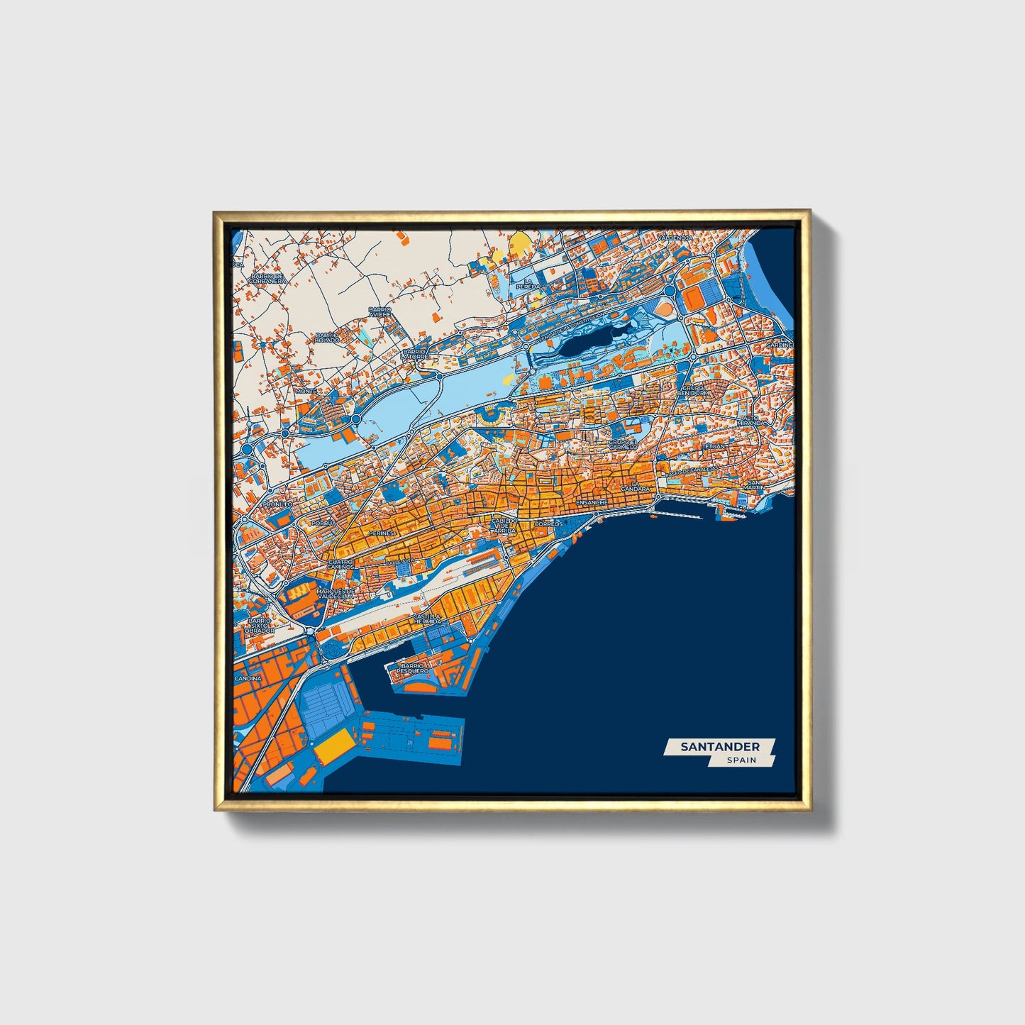 Santander Spain Colorful City Map Canvas Print • Gold Framed