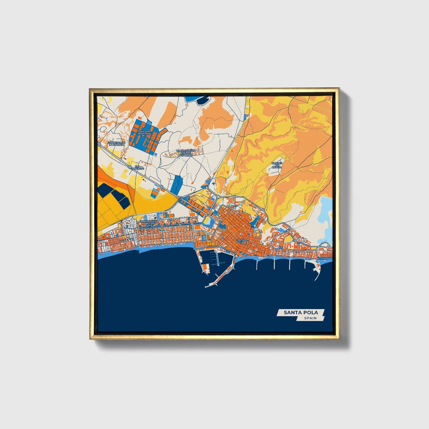 Santa Pola Spain Colorful City Map Canvas Print • Gold Framed