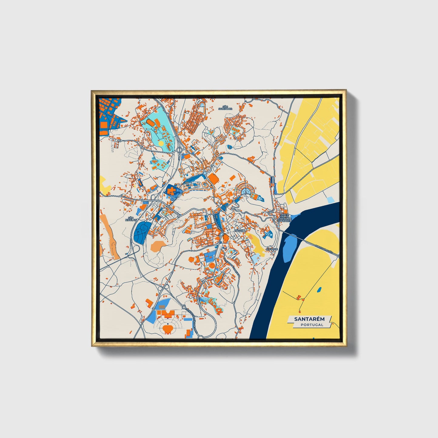 Santarém Portugal Colorful City Map Canvas Print • Gold Framed