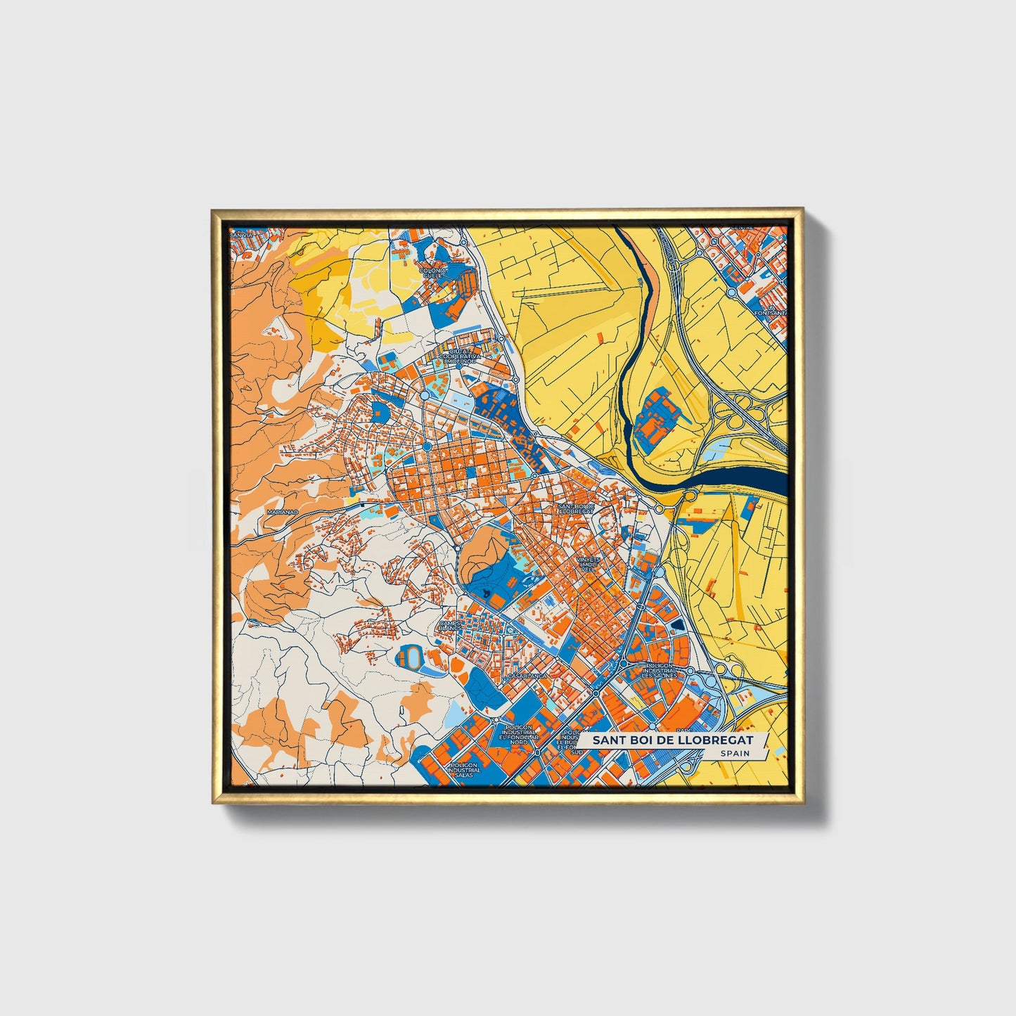 Sant Boi De Llobregat Spain Colorful City Map Canvas Print • Gold Framed