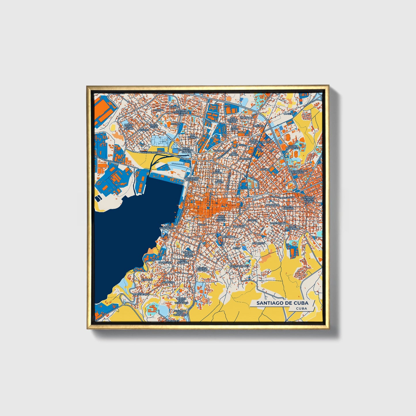 Santiago De Cuba Cuba Colorful City Map Canvas Print • Gold Framed