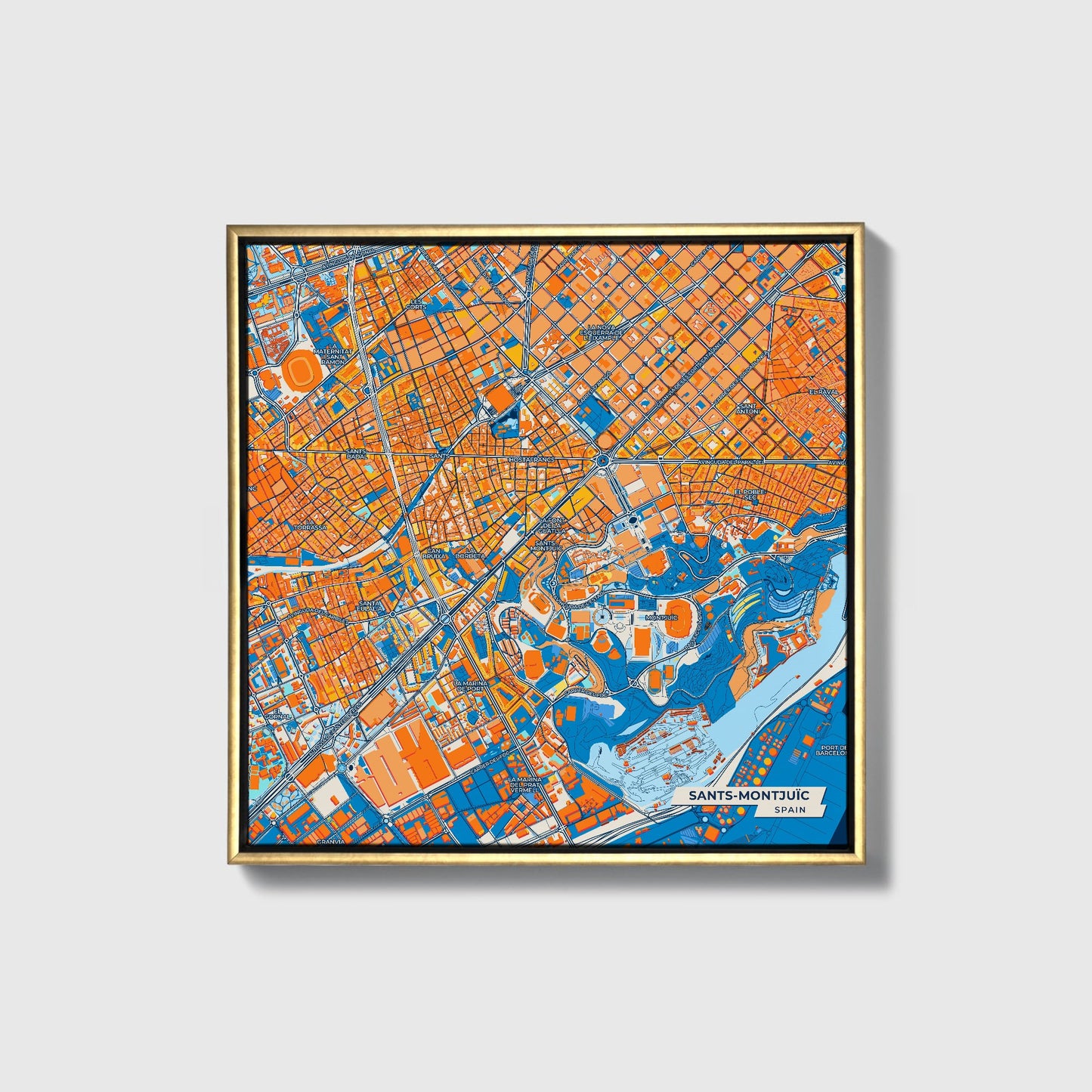 Sants-Montjuïc Spain Colorful City Map Canvas Print • Gold Framed