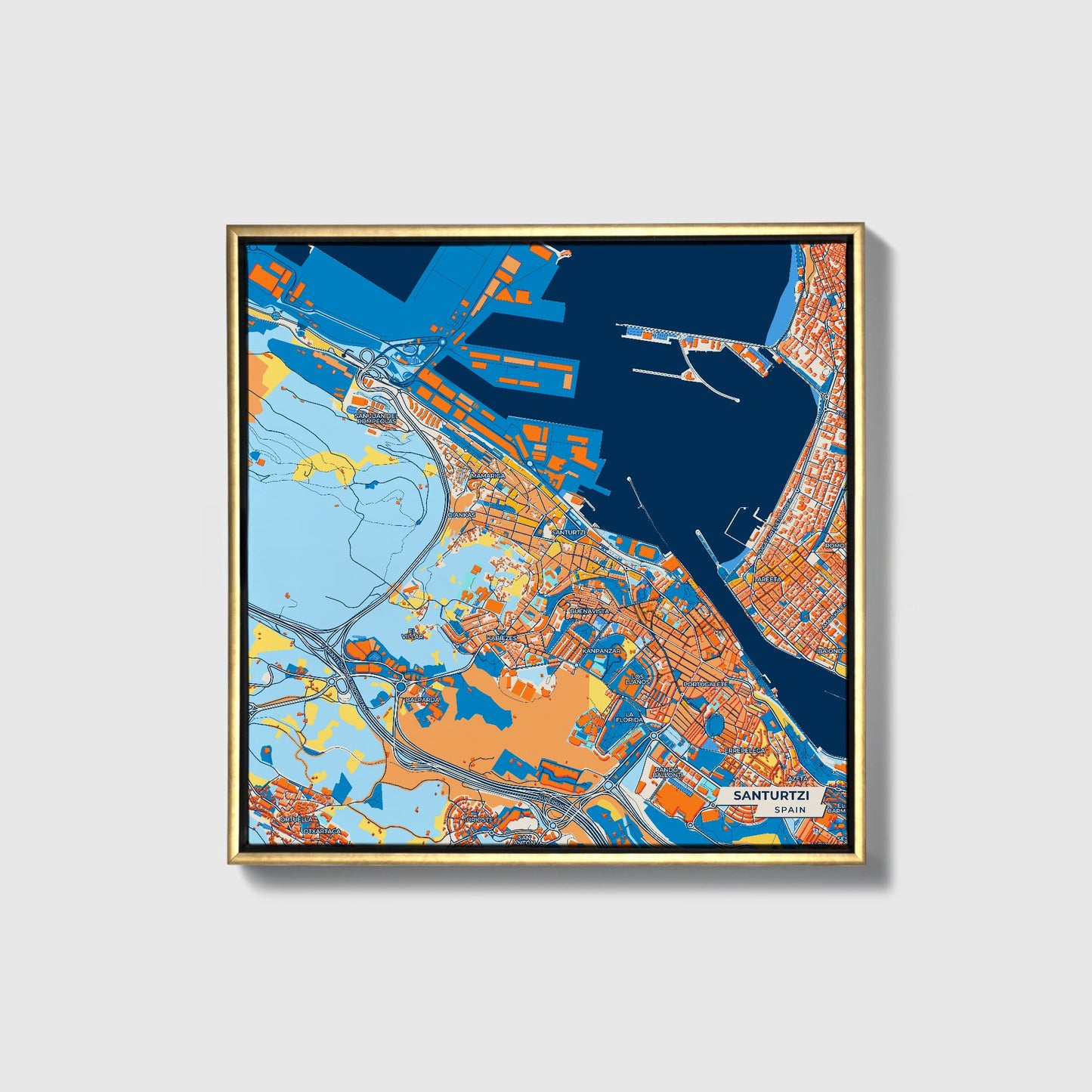 Santurtzi Spain Colorful City Map Canvas Print • Gold Framed
