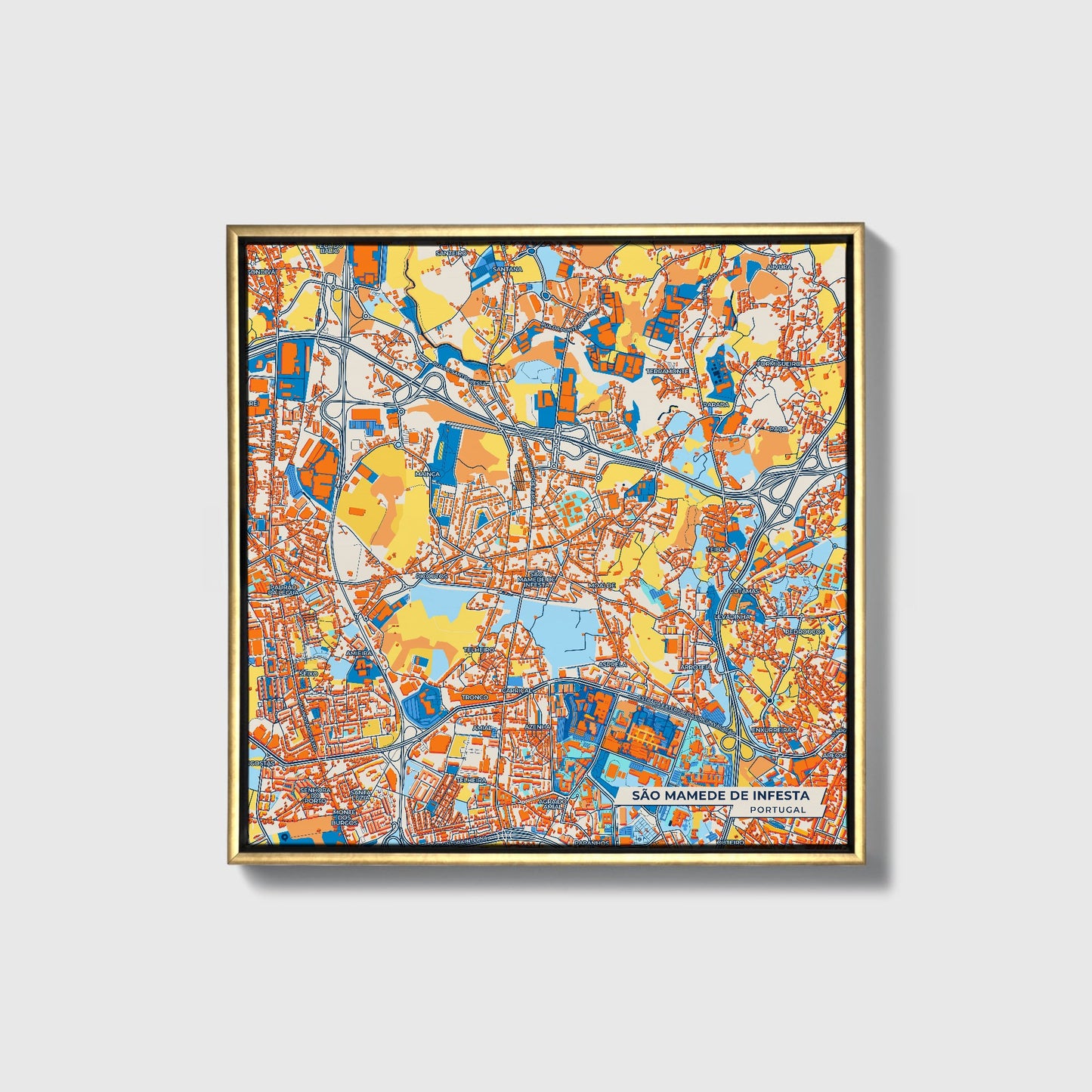 São Mamede De Infesta Portugal Colorful City Map Canvas Print • Gold Framed