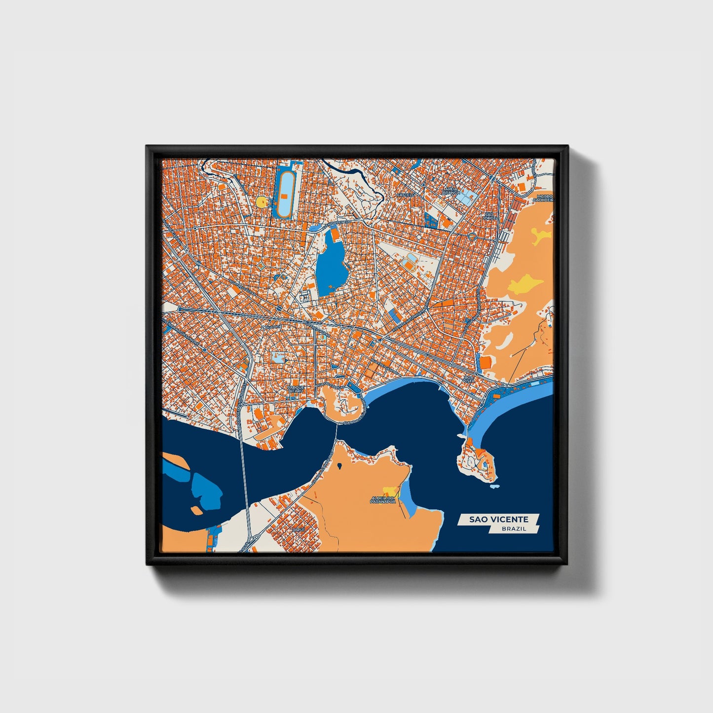 Sao Vicente Brazil Colorful City Map Canvas Print • Black Framed