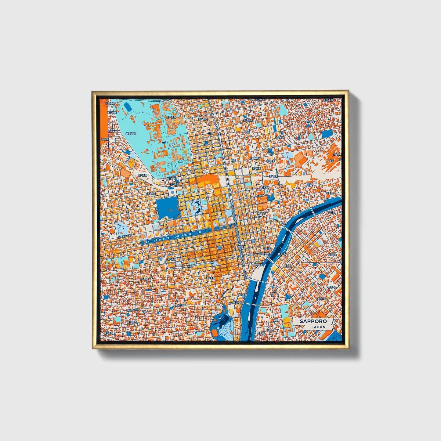 Sapporo Japan Colorful City Map Canvas Print • Gold Framed