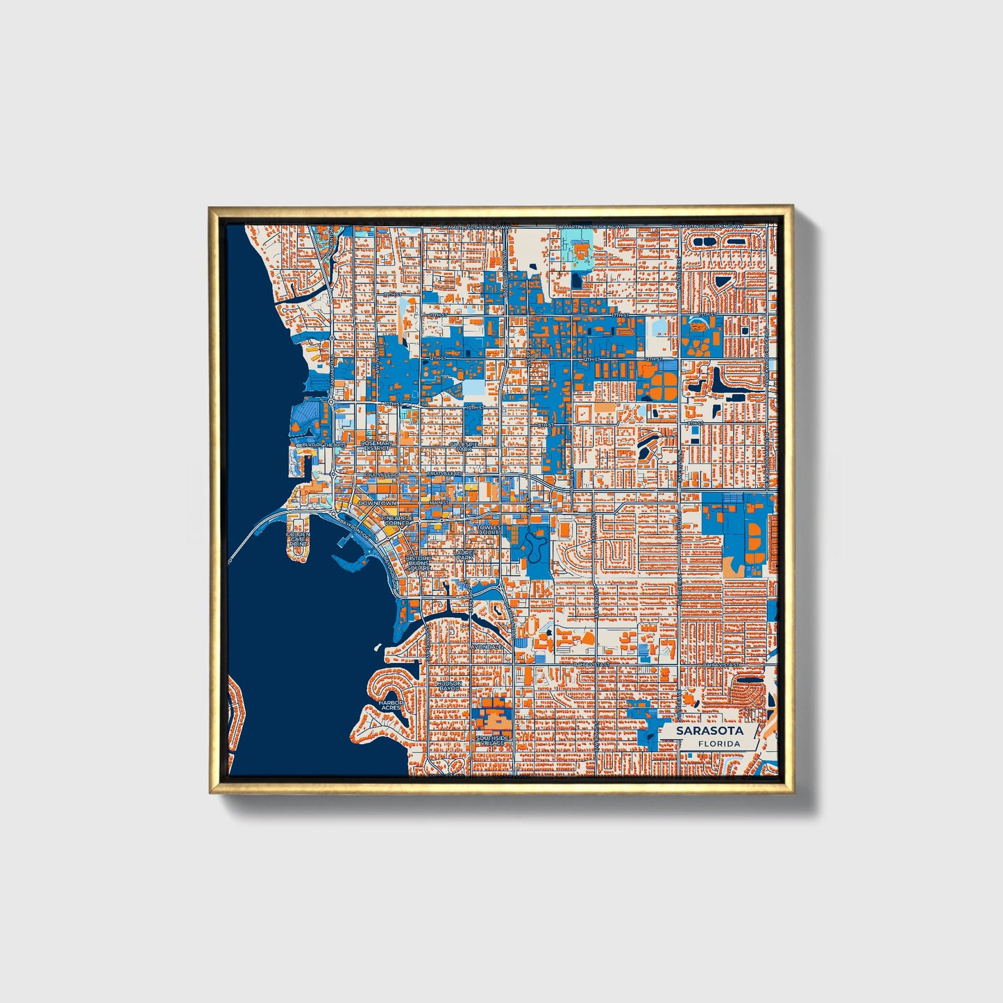 Sarasota Florida Colorful City Map Canvas Print • Gold Framed