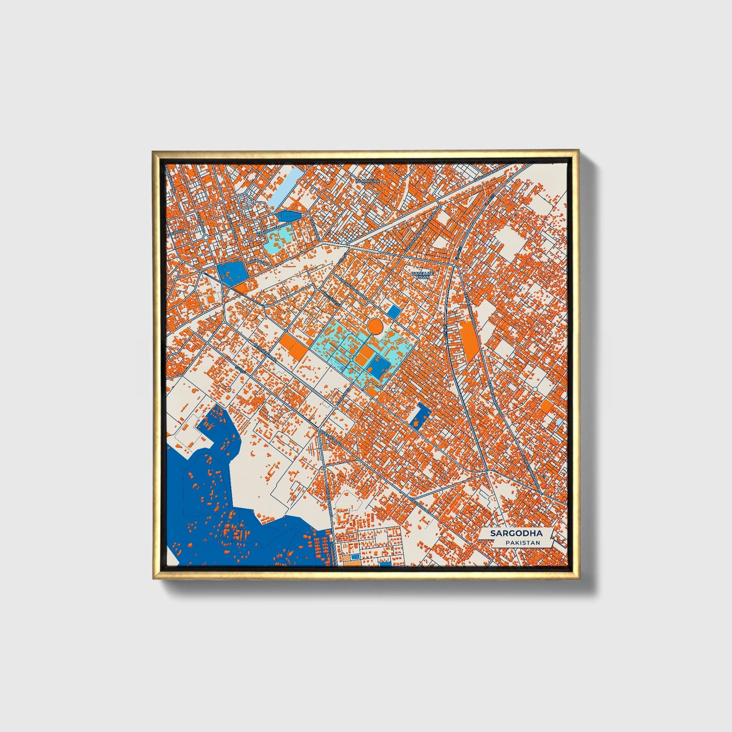 Sargodha Pakistan Colorful City Map Canvas Print • Gold Framed