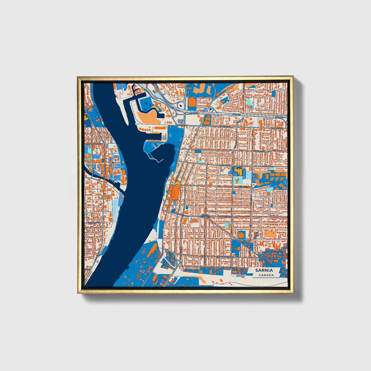 Sarnia Canada Colorful City Map Canvas Print • Gold Framed