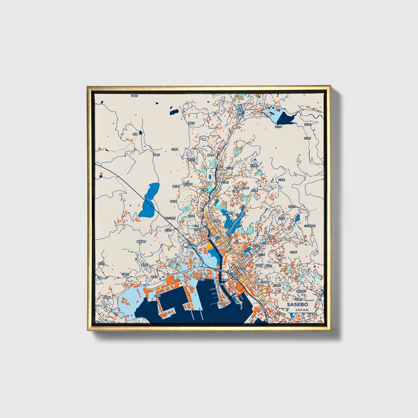 Sasebo Japan Colorful City Map Canvas Print • Gold Framed