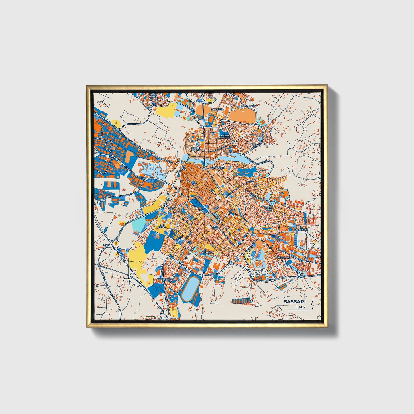 Sassari Italy Colorful City Map Canvas Print • Gold Framed