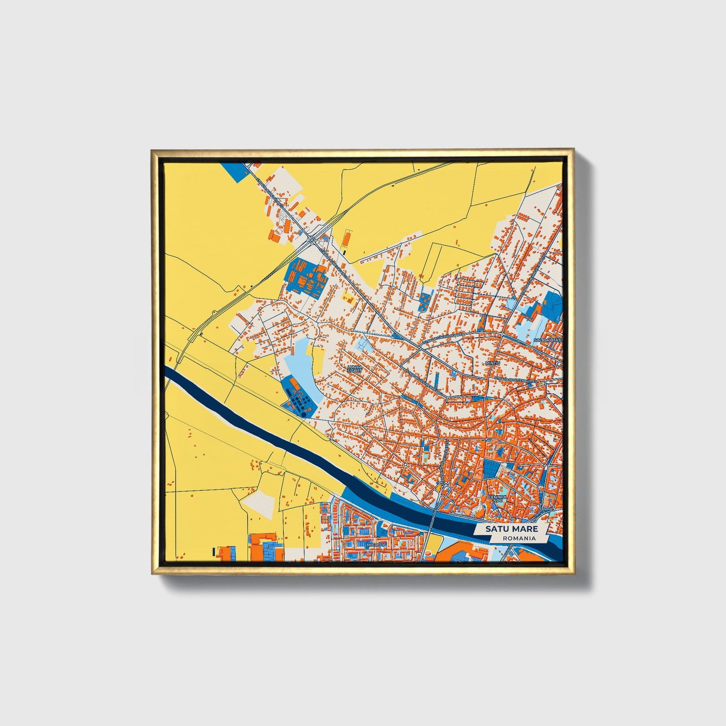 Satu Mare Romania Colorful City Map Canvas Print • Gold Framed