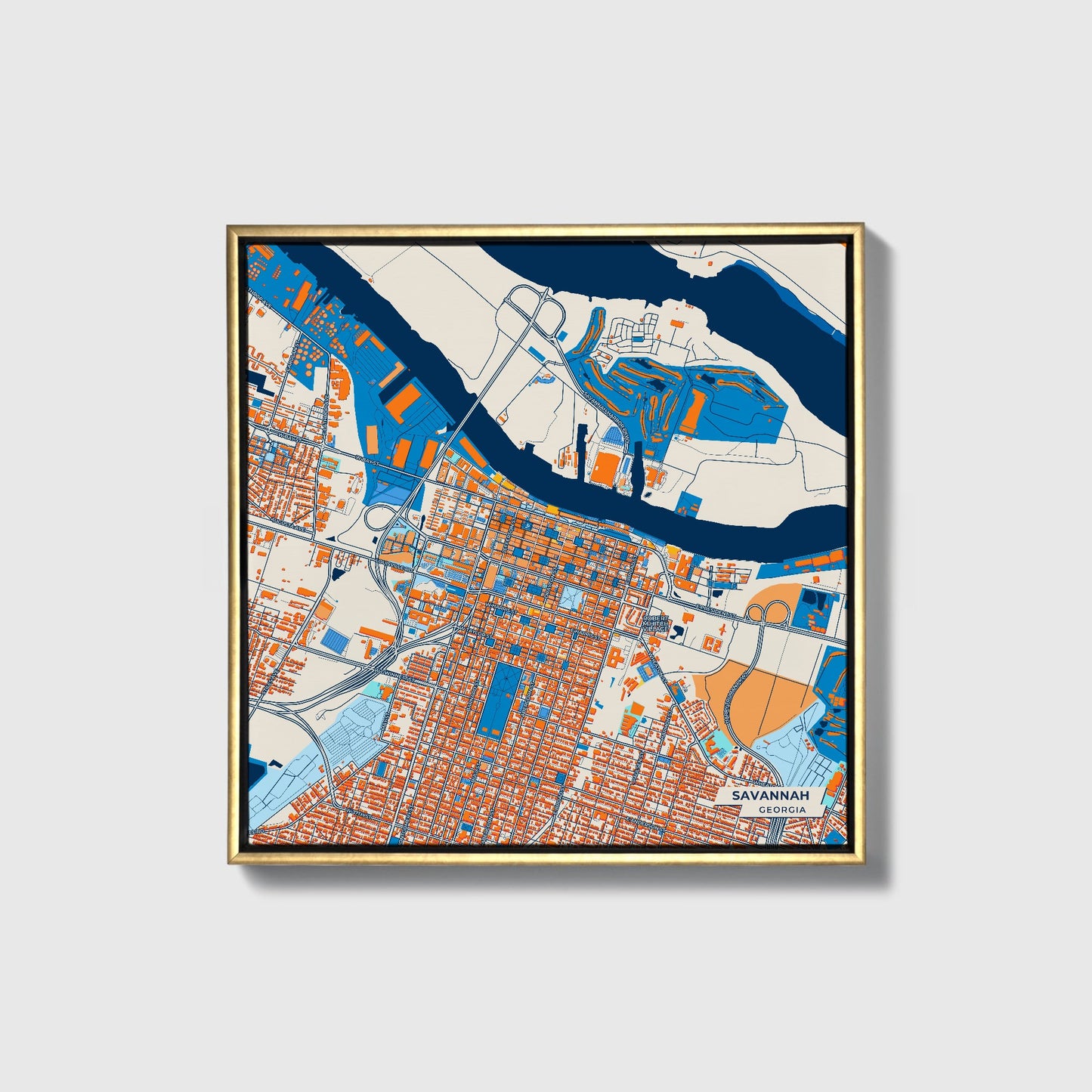 Savannah Georgia Colorful City Map Canvas Print • Gold Framed