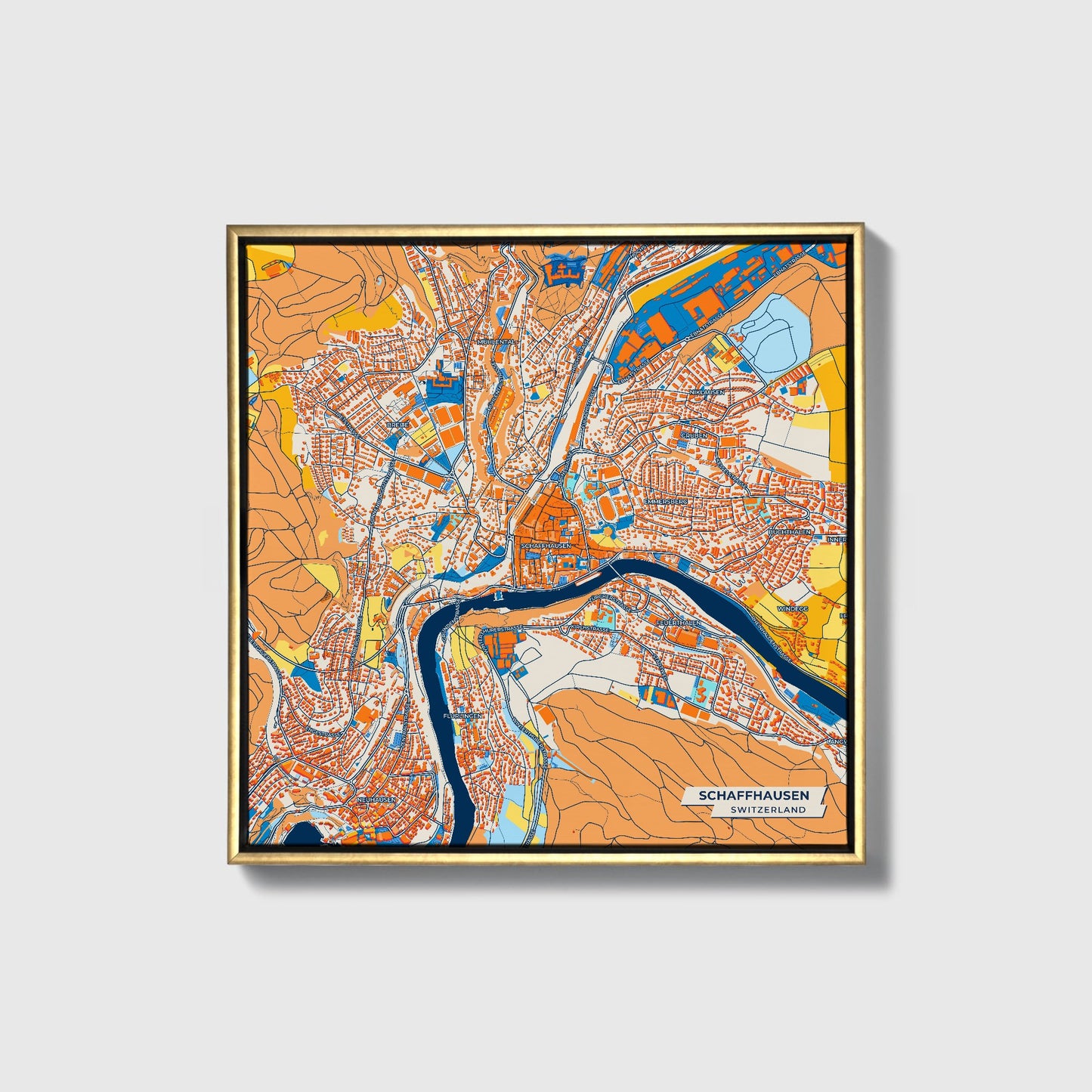 Schaffhausen Switzerland Colorful City Map Canvas Print • Gold Framed