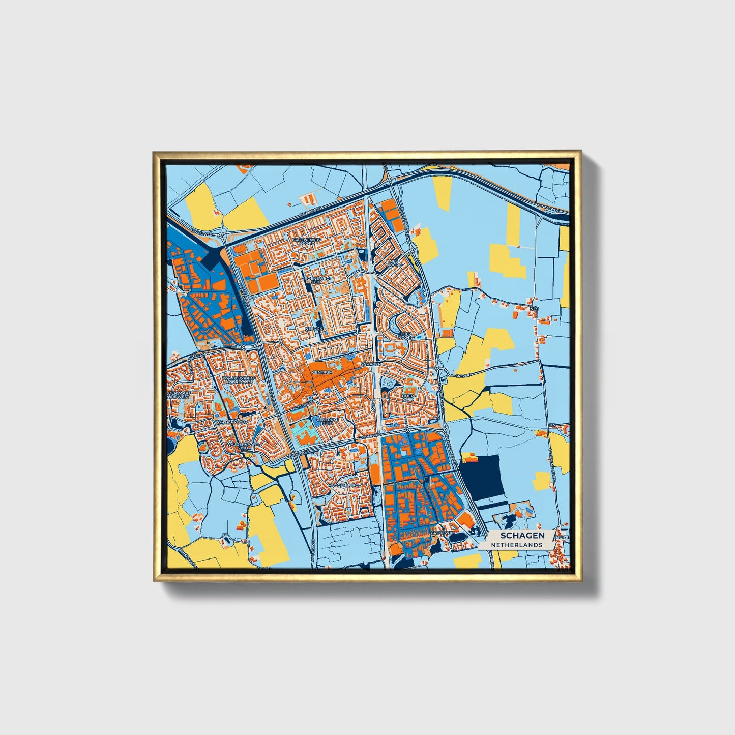Schagen Netherlands Colorful City Map Canvas Print • Gold Framed
