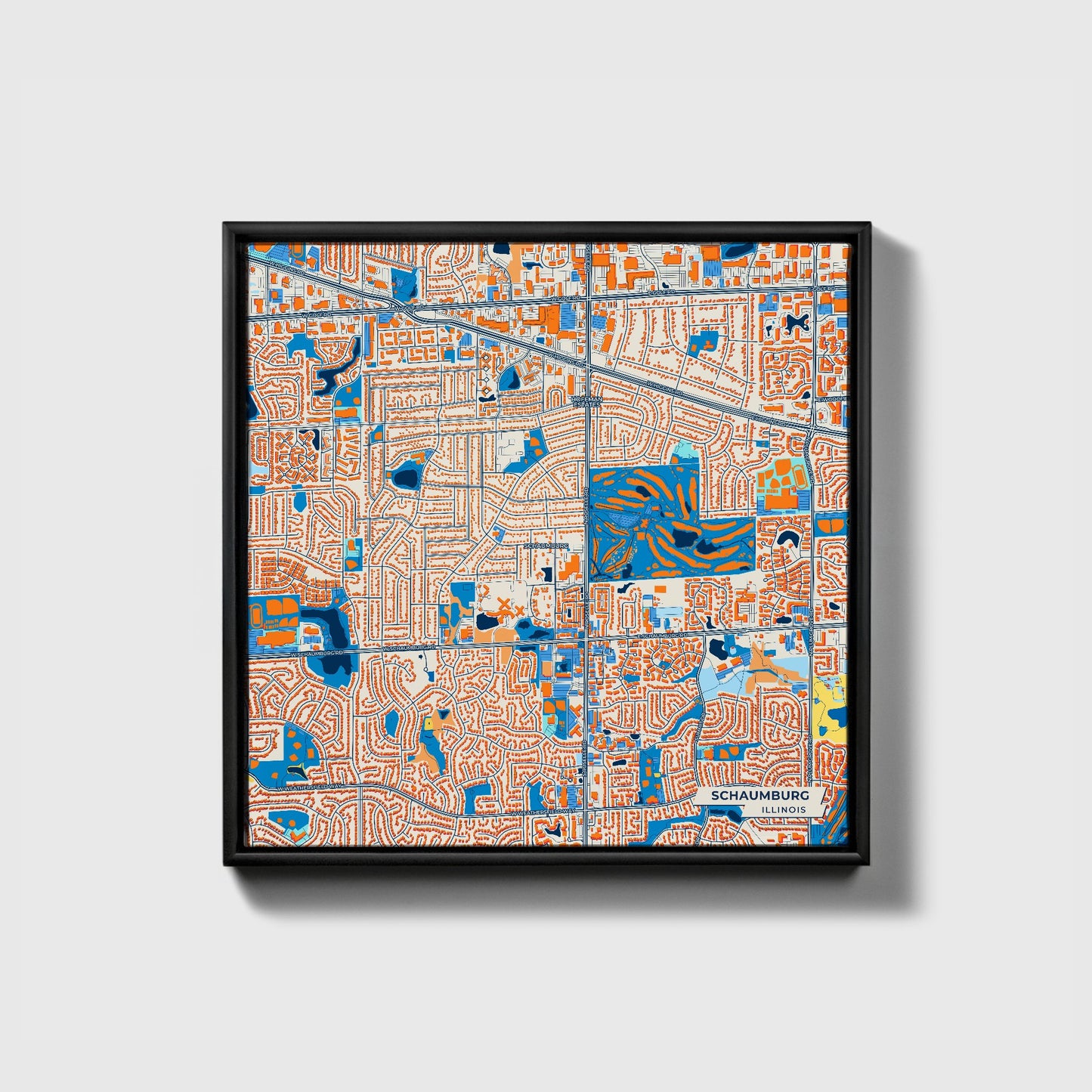 Schaumburg Illinois Colorful City Map Canvas Print • Black Framed