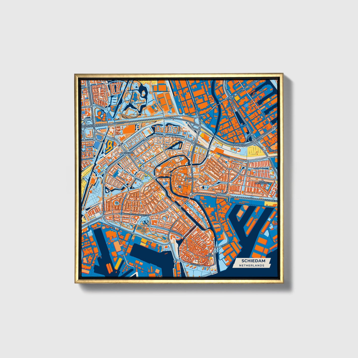 Schiedam Netherlands Colorful City Map Canvas Print • Gold Framed
