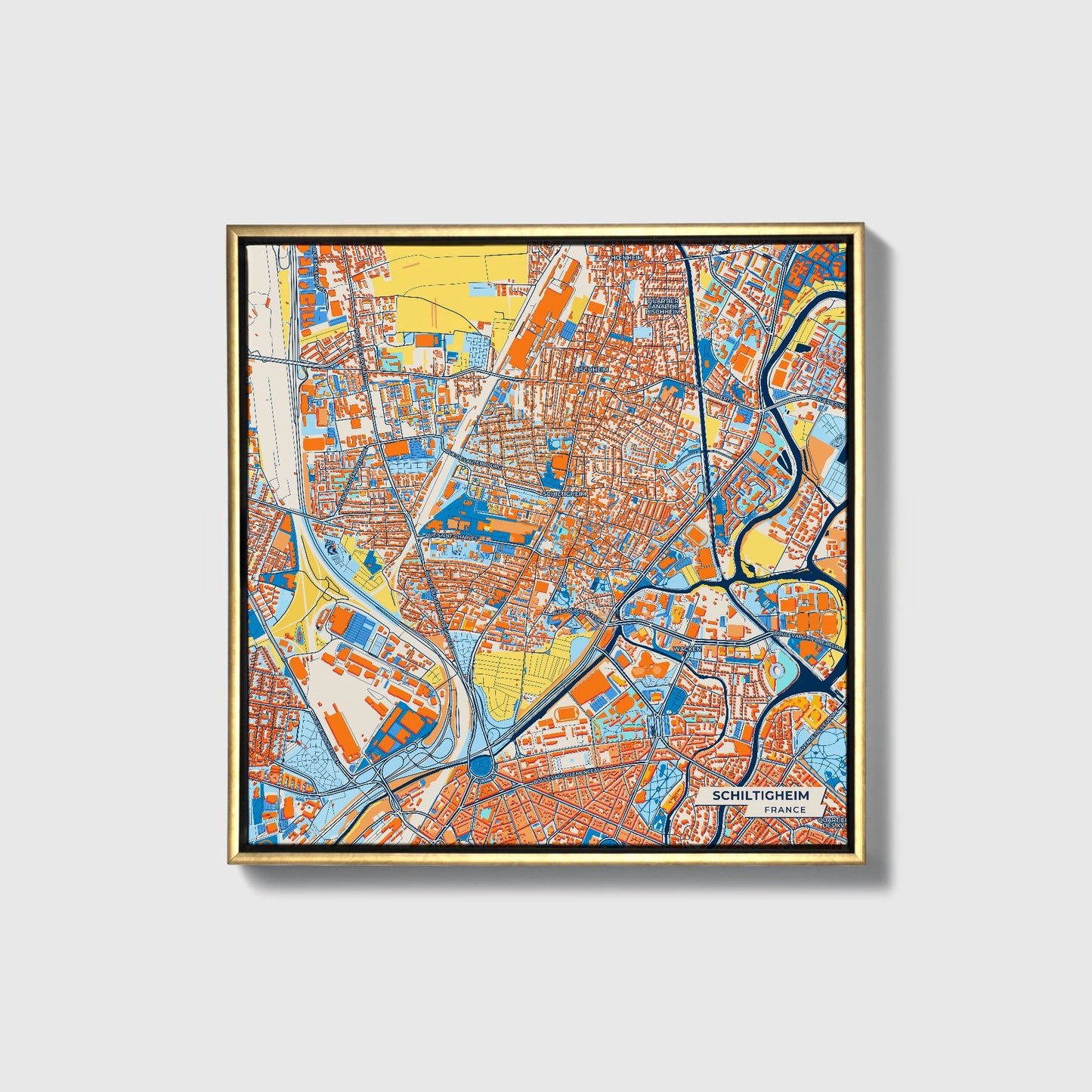 Schiltigheim France Colorful City Map Canvas Print • Gold Framed
