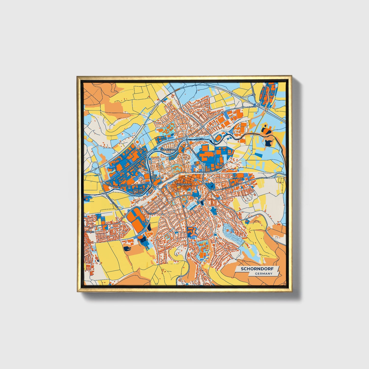 Schorndorf Germany Colorful City Map Canvas Print • Gold Framed