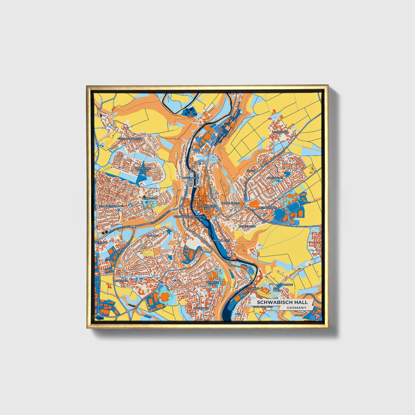 Schwäbisch Hall Germany Colorful City Map Canvas Print • Gold Framed