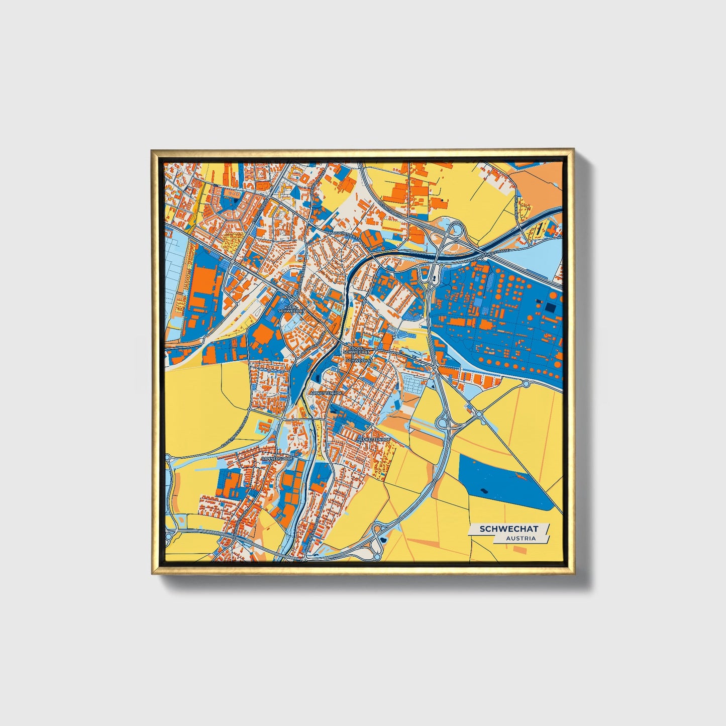 Schwechat Austria Colorful City Map Canvas Print • Gold Framed
