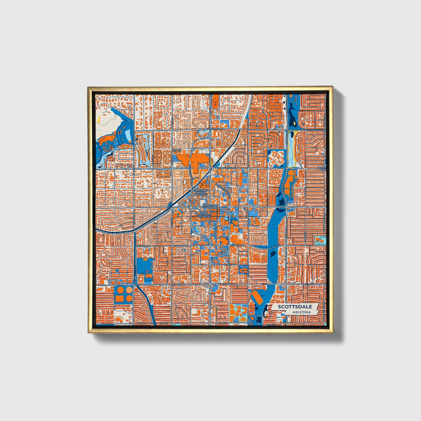 Scottsdale Arizona Colorful City Map Canvas Print • Gold Framed