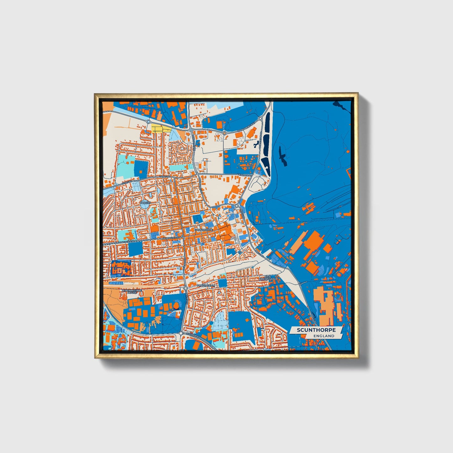 Scunthorpe England Colorful City Map Canvas Print • Gold Framed