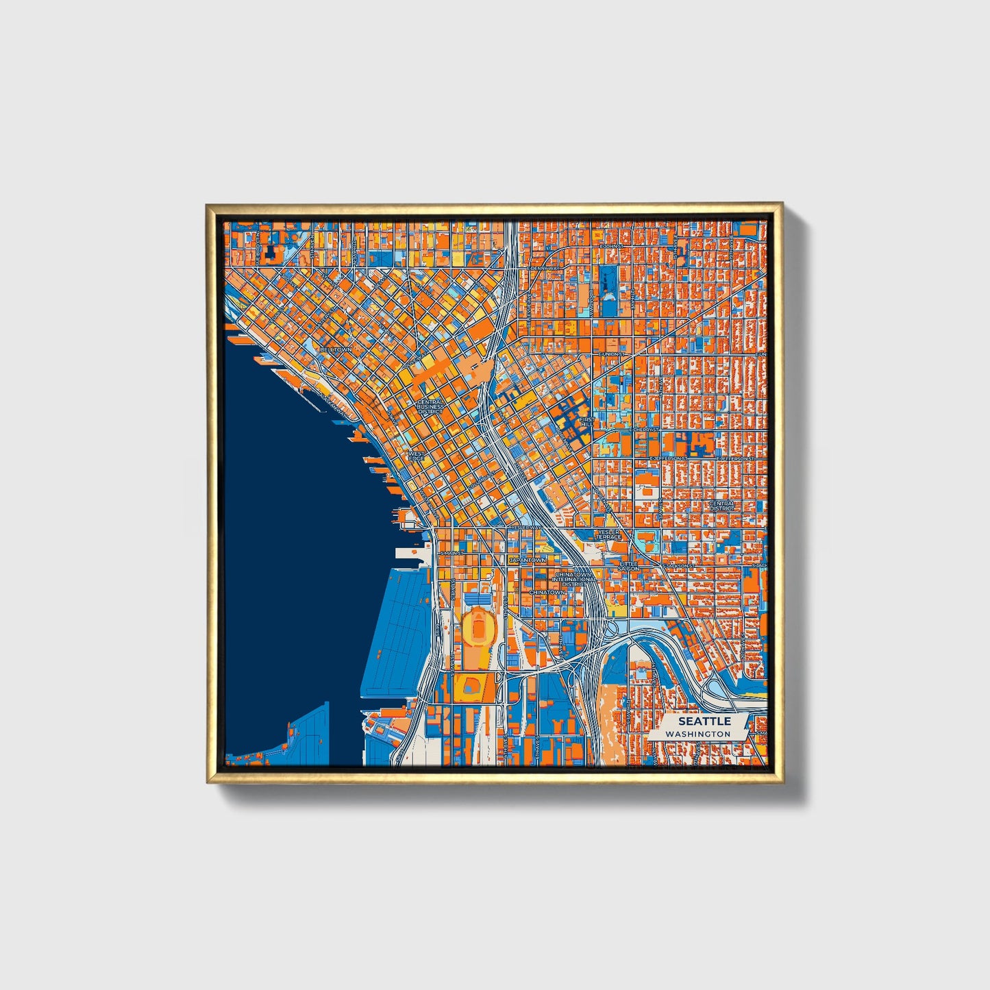 Seattle Washington Colorful City Map Canvas Print • Gold Framed