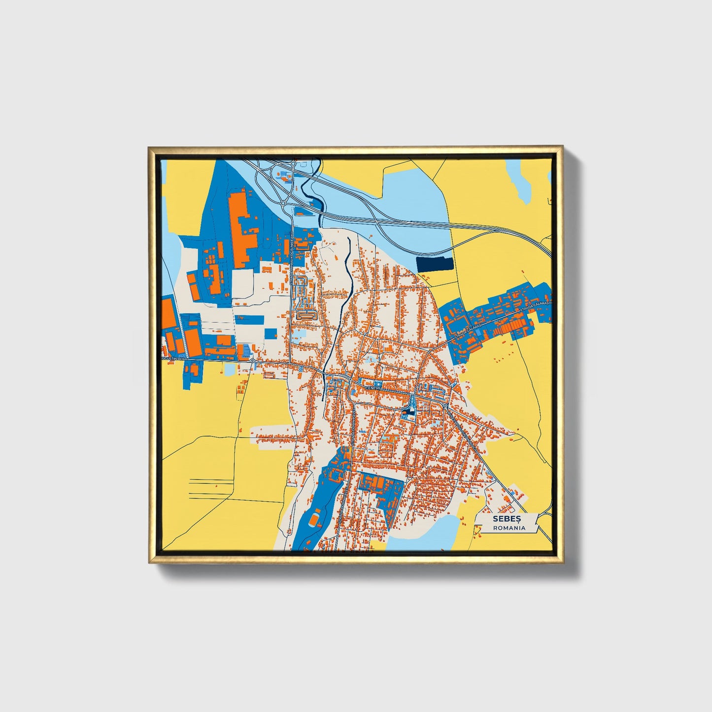 Sebeș Romania Colorful City Map Canvas Print • Gold Framed