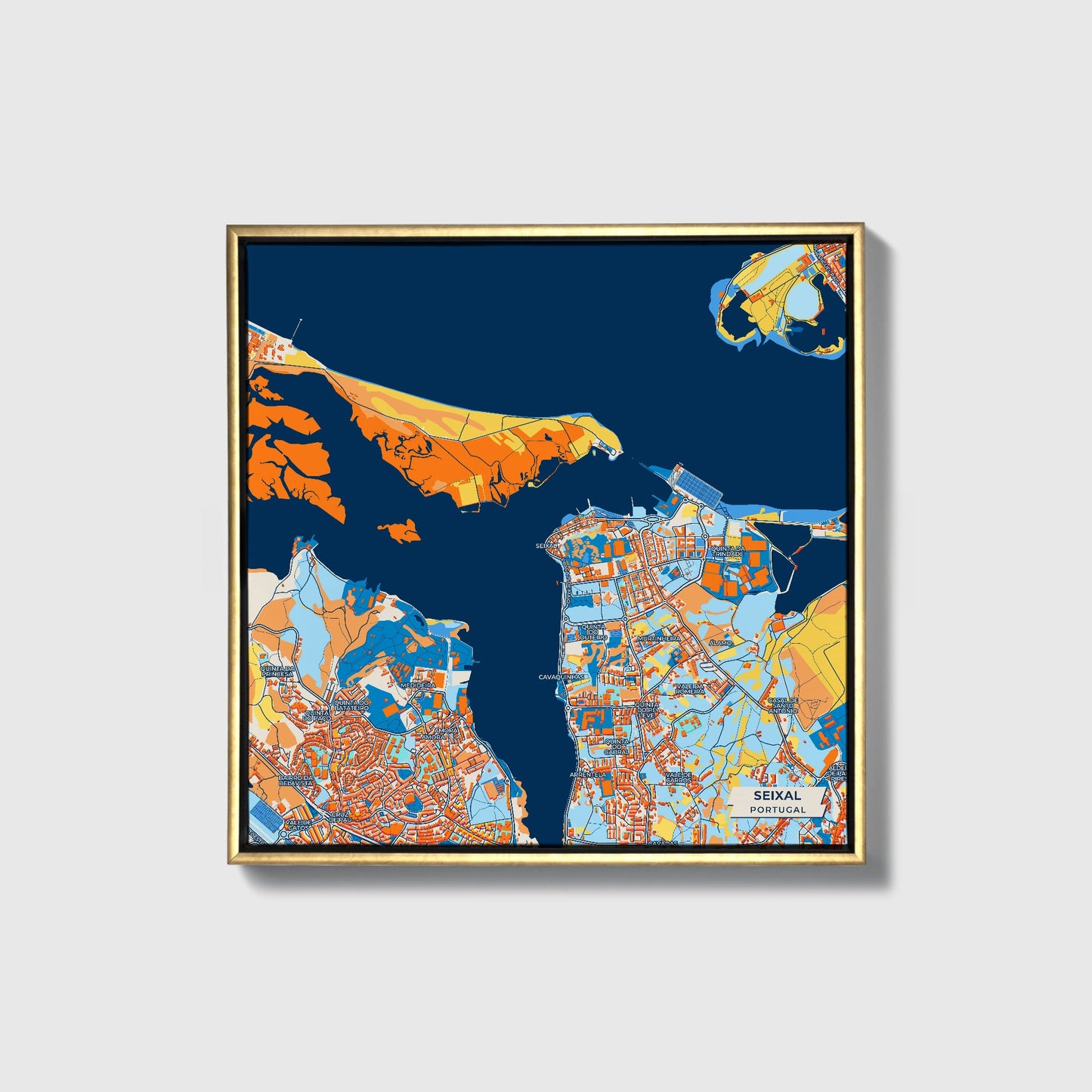 Seixal Portugal Colorful City Map Canvas Print • Gold Framed