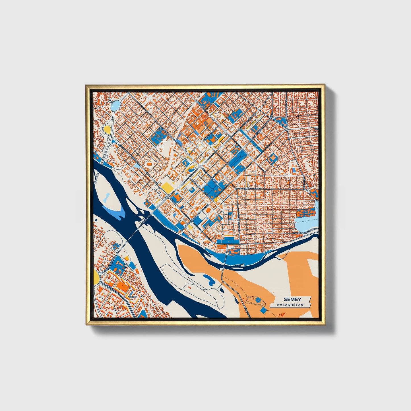 Semey Kazakhstan Colorful City Map Canvas Print • Gold Framed