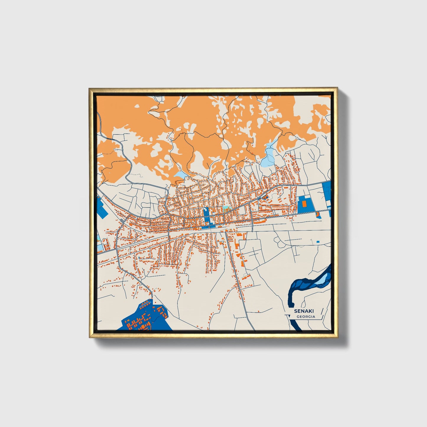 Senaki Georgia Colorful City Map Canvas Print • Gold Framed