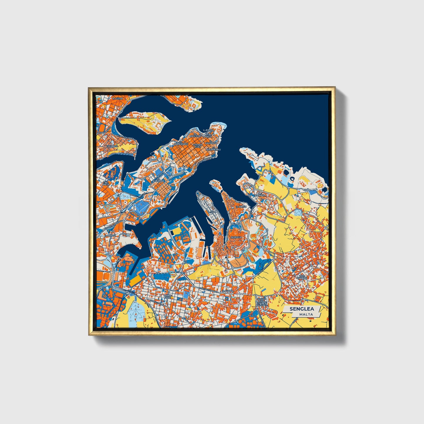 Senglea Malta Colorful City Map Canvas Print • Gold Framed