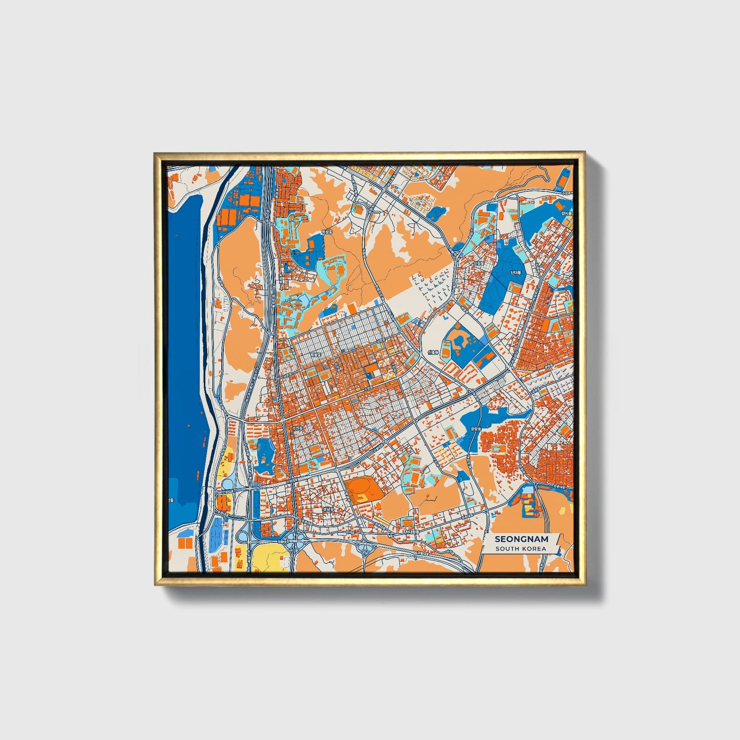 Seongnam South Korea Colorful City Map Canvas Print • Gold Framed